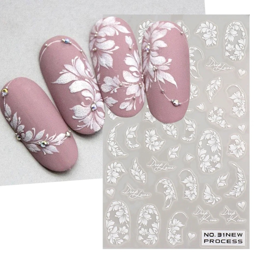 Nail Art Simple Elegant - Beyaz Dantel Çiçek Nail Art Etiket